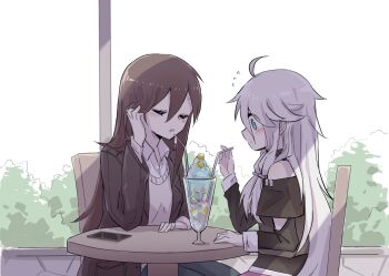 2girls bare_shoulders black_shirt blue_eyes brown_hair cellphone cevio chair drink drinking_straw closed_eyes tucking_hair ia_(vocaloid) jacket long_hair master_(vocaloid) multiple_girls nejikyuu phone platinum_blonde_hair shared_drink shirt smartphone sweatdrop table very_long_hair vest vocaloid yuri