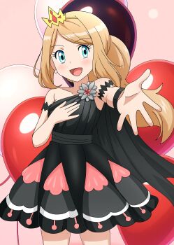 1girl :d absurdres alexkonakona blonde_hair blue_eyes collarbone commentary cowboy_shot dress earrings eyelashes hand_on_own_chest happy highres jewelry long_hair looking_at_viewer nintendo official_alternate_color official_alternate_costume open_mouth outstretched_hand pokemon pokemon_masters_ex serena_(champion)_(pokemon) serena_(pokemon) single_strap smile solo spread_fingers tongue