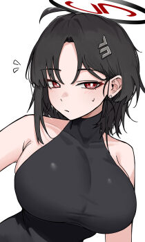 1girl absurdres alternate_hair_length alternate_hairstyle bare_shoulders black_hair blue_archive breasts commentary commentary_request earrings guwall hair_ornament hairclip halo highres jewelry large_breasts looking_at_viewer red_eyes ringed_eyes rio_(blue_archive) short_hair simple_background solo sweatdrop turtleneck white_background