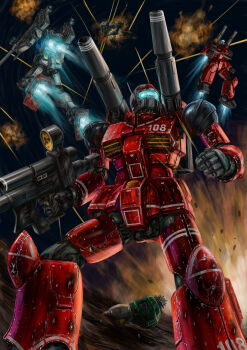 3d absurdres asteroid battle bazooka_(gundam) beam_rifle commentary_request damaged derivative_work dirty dual_wielding energy_gun explosion explosion_background gelgoog guncannon gundam highres holding machinery mecha mecha_focus mobile_suit mobile_suit_gundam realistic robot rx-78-2_gundam science_fiction severed_torso shoulder_cannon space thrusters weapon zaku_ii zandan_zero_to_na!? zero_gravity
