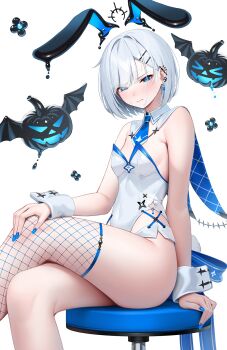 1girl animal_ears blue_eyes blue_nails breasts crossed_legs ear_piercing fake_animal_ears fishnet_thighhighs fishnets grey_hair hair_between_eyes highres leotard original oversized_breast_cup piercing playboy_bunny rabbit_ears short_hair single_thighhigh sitting small_breasts solo stool suraimu_(suraimuraimu) thighhighs white_leotard wrist_cuffs