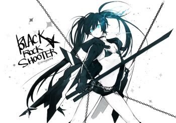 1girl barcode barcode_tattoo belt bikini bikini_top_only black_gloves black_rock_shooter black_rock_shooter_(character) black_rock_shooter_(game) black_shorts blue_eyes blue_fire chain character_name elreyiens fire flaming_eye gloves mechanical_wings pale_skin shorts stella_(black_rock_shooter) swimsuit sword tattoo twintails uneven_twintails weapon wings