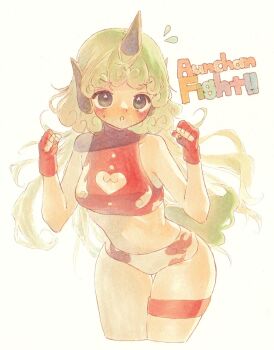 1girl arms_up blush character_name clenched_hand cloud_print crop_top curly_hair english_text fingerless_gloves gloves green_eyes green_hair highres horns komainu komainu_ears komainu_girl komano_aunn legband male_swimwear navel red_gloves red_shirt sasa6666s shirt shorts single_horn sleeveless sleeveless_shirt solo swim_briefs touhou white_background white_shorts