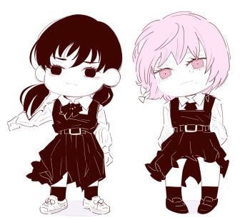 1girl amputee chainsaw_man chibi chibi_only closed_mouth deer60868637 dress earrings fami_(chainsaw_man) fourth_east_high_school_uniform jewelry limited_palette long_sleeves low_twintails mitaka_asa pinafore_dress pink_eyes pink_hair school_uniform sleeveless sleeveless_dress socks solo twintails