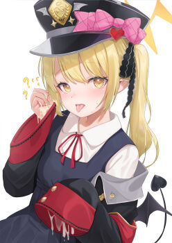 1girl :d :p ? black_coat black_hat black_jacket blonde_hair blue_archive blue_dress blush coat collared_shirt commentary cum cum_on_body cum_on_hands cum_string demon_girl demon_tail demon_wings dress female_focus goldowl halo hat highres ibuki_(blue_archive) jacket loli long_hair long_sleeves looking_at_viewer neck_ribbon off_shoulder open_clothes open_coat open_mouth red_ribbon ribbon school_uniform sexually_suggestive shirt shirt_under_dress side_ponytail simple_background sleeves_past_fingers sleeves_past_wrists smile solo suggestive_fluid tail tongue tongue_out white_background white_shirt wide_sleeves wings yellow_eyes yellow_halo