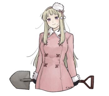 1girl axis_powers_hetalia black_gloves blonde_hair breasts buttons closed_mouth collared_dress commentary_request dress empty_eyes flower_button fur-trimmed_dress fur-trimmed_sleeves fur_hat fur_trim genderswap genderswap_(mtf) gloves hair_ribbon hairband hat highres holding holding_shovel long_hair long_sleeves looking_at_viewer medium_breasts mi_aph_to mini_hat pink_dress pink_hairband pink_ribbon pom_pom_(clothes) purple_eyes ribbon russia_(female)_(hetalia) russia_(hetalia) shovel sidelocks simple_background smile snow_shovel solo standing white_background white_hat