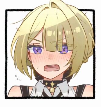 Rule 34 | 1girl, bare shoulders, black choker, blonde hair, blush, choker, commentary request, earrings, evelyn chevalier, flying sweatdrops, hair intakes, jewelry, mole, mole under eye, open mouth, pendant choker, portrait, purple eyes, shirt, short hair, simple background, sleeveless, sleeveless shirt, solo, sun (knp ta1y0), sweat, teeth, upper teeth only, white background, white shirt, zenless zone zero