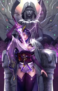 1girl arm_up armor asymmetrical_sleeves blunt_bangs braid breasts bridal_gauntlets cherry_blossoms cleavage closed_eyes closed_mouth cloud cloudy_sky collarbone dawn electricity electro_symbol_(genshin_impact) genshin_impact glowing glowing_eyes glowing_sword glowing_weapon hair_between_eyes hair_ornament head_tilt highres holding holding_sword holding_weapon huge_breasts inazuma_city japanese_clothes katana kimono korean_commentary lingerie long_braid looking_at_viewer mitsudomoe_(shape) mole mole_under_eye neck_ribbon off_shoulder outdoors parted_lips pink_lips purple_background purple_kimono purple_nails purple_thighhighs raiden_shogun red_ribbon red_sash ribbon sash shoulder_armor single_braid sitting sky solo soulhyuny standing statue statue_of_the_seven storm sunset sword thick_thighs thighhighs thighs tomoe_(symbol) underwear uneven_sleeves upper_body vision_(genshin_impact) weapon wide_sleeves