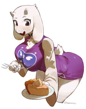 1girl absurdres animal_ears artist_name belt_collar body_fur breasts clothing_cutout collar cowboy_shot cropped_legs dress female_focus food fork furry furry_female goat_ears goat_girl goat_horns goat_tail highres holding holding_food holding_fork holding_plate horns incoming_food large_breasts leaning_forward long_sleeves mature_female pie pie_slice plate purple_dress rabbitadvisory raglan_sleeves shiny_clothes short_dress short_tail signature simple_background small_horns solo standing tail tail_through_clothes toriel twitter_username undertale utdr_(toby_fox) white_background white_fur white_horns white_sleeves
