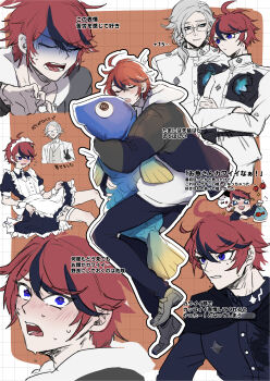 2boys :d absurdres adjusting_clothes ahoge alternate_costume animal-shaped_pillow aotsuki_eito apron bag bagged_fish bandaid bandaid_on_face black_cape black_dress black_gloves black_jacket black_pants black_streaks blue_eyes blush border butler cape character_mask closed_eyes commentary_request crossdressing crossdressing_(mtf) crossed_arms dress drooling enmaided fish frills glasses gloves grey_hair grey_jacket grey_necktie grey_vest grid_background hair_over_shoulder hatching_(texture) highres holding holding_bag hood hoodie hugging_object jacket jacket_over_hoodie lantern linear_hatching maid maid_apron maid_headdress male_focus male_maid mask medium_hair multicolored_hair multiple_boys multiple_views necktie nose_blush open_mouth orange_background outline outside_border pants paper_lantern ponytail puffy_sleeves red_hair ringed_eyes shaded_face shirt shoes short_hair sirei_(hundred_line) smile streaked_hair sumino_takumi sweat the_hundred_line_-last_defense_academy- translation_request two-tone_hair user_vudu8523 v vest white_apron white_border white_hoodie white_jacket white_outline white_shirt white_shoes