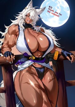 1girl animal_ears black_gloves breasts cleavage commentary_request commission cropped_legs dark-skinned_female dark_skin fingerless_gloves fudanshi full_moon gloves grin guard_rail hair_over_one_eye highres huge_breasts japanese_clothes lihayato long_hair moon muscular muscular_arms muscular_female original revealing_clothes scar scar_on_breasts scar_on_leg shiny_skin smile solo standing tail thick_thighs thighs white_hair wolf_girl wolf_tail