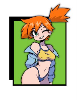 1girl arm_behind_back asymmetrical_hair bare_shoulders bikini bikini_bottom_only blue_bikini blue_jacket breasts covered_erect_nipples green_eyes grin highleg highleg_bikini highres jacket looking_at_viewer medium_breasts misty_(pokemon) navel nintendo off_shoulder one_eye_closed open_clothes open_jacket orange_hair pokemon pokemon_(anime) pokemon_(classic_anime) pokemon_rgby ponytail psy_(sossydoodels) short_hair side_ponytail smile solo sports_bikini sportswear swimsuit tank_top tankini underwear