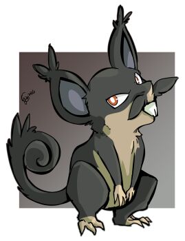 absurdres alolan_form alolan_rattata black_fur brown_fur buck_teeth destinywebgio full_body gen_7_pokemon highres looking_at_viewer mouse_(animal) nintendo no_humans pokemon pokemon_(creature) red_eyes signature solo tail teeth two-tone_fur