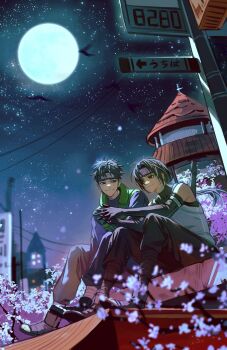 2boys black_hair black_pants cherry_blossoms closed_mouth commentary flak_jacket floating_hair full_moon highres jacket konohagakure_anbu_uniform konohagakure_shinobi_uniform long_hair looking_at_another male_focus momoyoru1 moon multiple_boys naruto_(series) naruto_shippuuden night outdoors pants short_hair sitting sky smile star_(sky) starry_sky translation_request uchiha_itachi uchiha_shisui weapon weapon_on_back yaoi