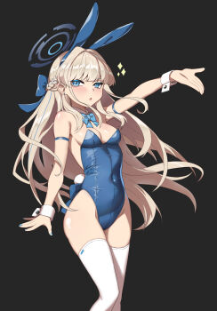 1girl absurdres akita_kang animal_ear_hairband animal_ears aqua_bow aqua_bowtie armband back_bow black_background blonde_hair blue_archive blue_eyes blue_hair blue_halo blue_leotard bow bowtie braid covered_navel detached_collar fake_animal_ears feet_out_of_frame hairband half_up_braid halo highres leotard long_hair multicolored_hair playboy_bunny rabbit_ears rabbit_tail solo strapless strapless_leotard streaked_hair tail thighhighs toki_(blue_archive) toki_(bunny)_(blue_archive) white_thighhighs wrist_cuffs