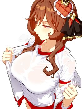1girl absurdres animal_ears blush braid braided_hair_rings breasts breath brown_hair buruma collarbone dantonphanton ear_covers ear_ornament gentildonna_(umamusume) gym_shirt gym_uniform hair_between_eyes hair_ornament hair_rings heart-shaped_ornament heart_ear_ornament highres horse_ears horse_girl jacket large_breasts long_hair open_clothes open_jacket red_buruma red_eyes red_jacket shirt simple_background solo sweat tracen_training_uniform track_jacket umamusume wet wet_clothes white_background