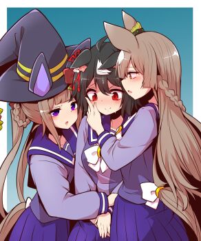 3girls animal_ears black_hair brown_hair girl_sandwich hat highres horse_ears horse_girl kitasan_black_(umamusume) long_hair multicolored_hair multiple_girls purple_serafuku sandwiched satono_diamond_(umamusume) school_uniform serafuku sweep_tosho_(umamusume) tracen_school_uniform umamusume very_long_hair white_hair witch_hat yonedatomo_mizu