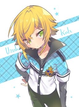 1boy absurdres blonde_hair blue_background blue_jacket blush buttons character_name closed_mouth collarbone collared_jacket cowboy_shot flipped_hair from_above green_eyes green_pants grey_shirt hair_between_eyes hand_on_own_hip harunohotaru highres jacket layered_sleeves long_sleeves looking_at_viewer male_focus nijisanji pants plaid_background plaid_clothes plaid_jacket ribbed_shirt shirt short_hair short_over_long_sleeves short_sleeves sidelocks solo standing star_(symbol) star_symbol_background uzuki_kou uzuki_kou_(1st_costume) v-neck virtual_youtuber white_jacket