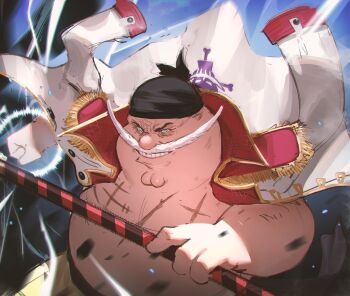 Rule 34 | 1boy, bandana, black bandana, cleft chin, clenched hand, clenched teeth, coat, cosplay, edward newgate, edward newgate (cosplay), facial hair, family guy, fat, fat man, glowing, glowing eyes, highres, holding, holding weapon, kowai (iamkowai), long mustache, looking at viewer, mustache, one piece, peter griffin, scar, smile, solo, teeth, weapon, white coat