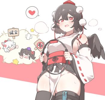Rule 34 | 3girls, alternate breast size (larger), anger vein, angry, animal ears, black thighhighs, blush, breasts, brown hair, ch00suke, commentary request, content rating, controller, detached sleeves, fang, fighting, game controller, grey hair, groin, hat, heart, himekaidou hatate, inubashiri momiji, japanese clothes, joy-con, kimono, kourindou tengu costume, large breasts, looking at viewer, medium hair, multiple girls, nintendo switch, no bra, no panties, official alternate costume, open mouth, pelvic curtain, pom pom (clothes), purple hat, red eyes, red hat, ribbon-trimmed sleeves, ribbon trim, ring-con, shameimaru aya, side slit, sign, smile, sparkle, spoken heart, sweat, thighhighs, tokin hat, touhou, translation request, twintails, white kimono, wide sleeves, wolf ears, wolf girl