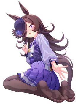 Rule 34 | 1girl, animal ears, blue flower, blue hat, blue rose, blush, bow, bowtie, breasts, brown hair, brown pantyhose, commentary request, feet, flipped hair, flower, full body, hair over one eye, hat, hat flower, heart, highres, hokuyukis, horse ears, horse girl, horse tail, long hair, long sleeves, looking at viewer, looking back, no shoes, open mouth, pantyhose, pleated skirt, purple eyes, purple sailor collar, purple serafuku, purple shirt, purple skirt, rice shower (umamusume), rose, sailor collar, sailor shirt, school uniform, seiza, serafuku, shirt, simple background, sitting, skirt, small breasts, soles, solo, tail, tilted headwear, toes, tracen school uniform, umamusume, white background, white bow, white bowtie