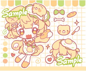 1girl :3 :d apron baguette blonde_hair blunt_bangs blush_stickers bow bread bread_hair_ornament chibi chibi_only dress food food-themed_hair_ornament full_body green_bow hair_ornament highres holding holding_food knife long_sleeves looking_at_viewer open_mouth original qin'aide sample_watermark shoes short_hair smile solo sparkle standing thick_eyebrows watermark white_apron white_background yellow_dress yellow_eyes yellow_shoes