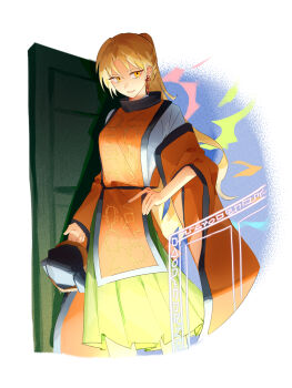1girl alternate_hairstyle black_hat blonde_hair commentary constellation_print cropped_legs detached_sleeves door eyelashes fire flower_knot green_hakama hair_between_eyes hakama hakama_skirt happy hat highres holding holding_unworn_clothes holding_unworn_hat japanese_clothes layered_sleeves long_hair long_sleeves looking_at_viewer matara_okina open_mouth orange_sleeves orange_tabard parted_bangs ponytail re1re133 red_ribbon ribbon ribbon_earrings shirt skirt smile solo standing tabard touhou turtleneck unworn_hat unworn_headwear white_background white_shirt wide_sleeves yellow_eyes