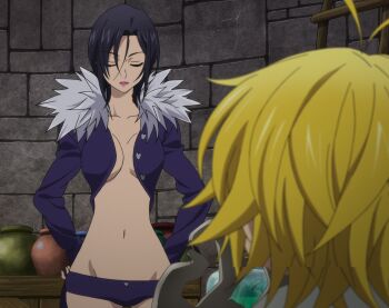 1boy 1girl anime_screenshot black_hair blonde_hair breasts closed_eyes highres indoors medium_hair meliodas merlin_(nanatsu_no_taizai) nanatsu_no_taizai revealing_clothes short_hair stitched stone_wall third-party_edit