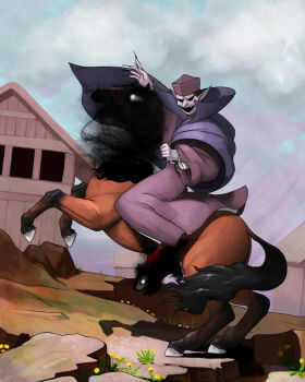 Rule 34 | 1boy, cloak, flower, forbidden scrollery, fortune teller (touhou), headless, horse, japanese clothes, kimono, napoleon crossing the alps, ninniku (ninnniku105), outdoors, pointy ears, pointy nose, riding, shadow, skull, touhou