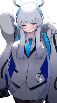 1girl arms_behind_head arms_up black_pantyhose blue_archive blue_necktie blush breasts caff_(aosui9) closed_mouth commentary cowboy_shot formal_clothes halo headgear heart highres jacket large_breasts long_hair long_sleeves looking_at_viewer mechanical_halo millennium_science_school_logo necktie noa_(blue_archive) one_eye_closed pantyhose purple_eyes simple_background skirt solo suit two-sided_fabric two-sided_jacket white_background white_hair white_halo white_jacket white_skirt white_suit