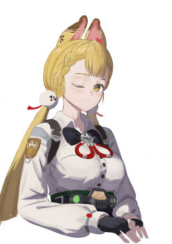 Rule 34 | 1girl, absurdres, alice thymefield, animal ear fluff, animal ears, black gloves, blonde hair, blush, breasts, closed mouth, commentary, cropped torso, english commentary, fingerless gloves, gloves, green skirt, hair ornament, highres, large breasts, long hair, looking at viewer, low twintails, one eye closed, rabbit ears, rabbit girl, shirt, shirt tucked in, skirt, solo, sphere hair ornament, twintails, upper body, user mpzg5538, white shirt, yellow eyes, zenless zone zero