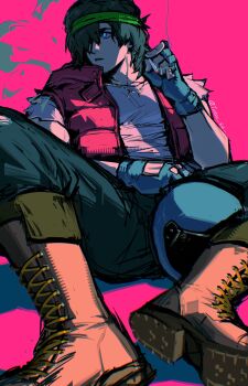 Rule 34 | 1boy, absurdres, arm up, biker (hotline miami), black pants, blue eyes, blue helmet, boots, brown boots, cigarette, clothing cutout, crew neck, fingerless gloves, glove cutout, gloves, green headband, hair over one eye, hashtag-only commentary, headband, helmet, highres, holding, holding cigarette, hotline miami, jacket, looking to the side, male focus, motorcycle helmet, one eye covered, pants, parted lips, red jacket, shirt, short hair, short sleeves, sideways glance, sitting, sleeveless, sleeveless jacket, smoking, solo, tatsu (tatsumccree), torn clothes, torn sleeves, unworn headwear, unworn helmet, white shirt