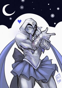 1boy absurdres artist_name bandages bishoujo_senshi_sailor_moon cowboy_shot crescent_moon crossdressing crossdressing_(mtf) crossover heart highres hood hood_up male_focus marvel moon moon_knight muscular night night_sky parody pleated_skirt sailor_senshi_uniform skirt sky solo standing tazahan trait_connection tsuki_ni_kawatte_oshioki_yo what