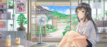 1girl absurdres aquarium black_shorts blush bonsai breasts brown_eyes calendar_(object) cloud cloudy_sky commentary_request electric_fan garden hand_fan highres ice_cream_bar medium_breasts on_floor open_mouth original paper_fan picture_frame road scenery see-through_clothes see-through_shirt shirt shorts sitting sky solo street summer sweatdrop table tatami thighs torii uki_(kiw_kiu) white_shirt