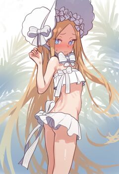 1girl abigail_williams_(fate) abigail_williams_(swimsuit_foreigner)_(fate) abigail_williams_(swimsuit_foreigner)_(third_ascension)_(fate) absurdres ass bad_link bare_shoulders bikini blonde_hair blue_eyes blush bonnet bow breasts ebora fate/grand_order fate_(series) forehead hair_bow hat highres long_hair looking_at_viewer looking_back miniskirt parted_bangs sidelocks skirt small_breasts solo swimsuit thighs twintails very_long_hair white_bikini white_bow white_hat