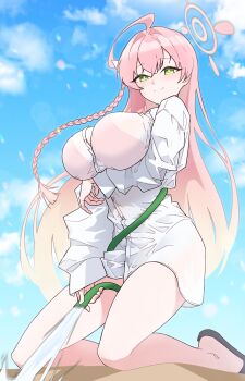 1girl absurdres ahoge arm_under_breasts between_thighs bikini bikini_under_clothes black_shoes blue_archive blue_sky blush bow braid breasts closed_mouth cloud cloudy_sky collared_shirt commentary day green_eyes hair_between_eyes hair_bow hair_intakes halo hanako_(blue_archive) hanako_(swimsuit)_(blue_archive) highres holding holding_hose hose jiho_(un3337) kneeling large_breasts long_hair long_sleeves outdoors pink_bikini pink_hair pink_halo sand see-through_clothes see-through_shirt shirt shoes sky smile solo swimsuit thighs water white_bow white_shirt