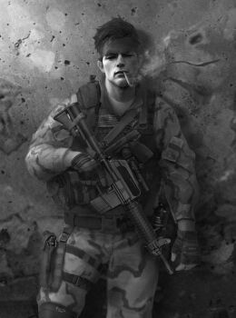 aged_down assault_rifle camouflage cigarette gun handgun highres holding holding_gun holding_weapon holster jordan_lamarre-wan male_focus metal_gear_(series) metal_gear_online military_uniform monochrome rifle smoking soldier solid_snake solo tagme weapon