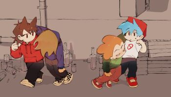 Rule 34 | 4boys, alcohol, antenna hair, arm around shoulder, black pants, blue hair, blue hoodie, bottle, boyfriend (friday night funkin'), brown hair, brown pants, chibi, chibi only, chinese commentary, closed eyes, commentary request, crossover, drawstring, drunk, eddsworld, erbz02, flipped hair, friday night funkin', green shirt, hair ears, hat, highres, hood, hood down, hoodie, long sleeves, male focus, multiple boys, orange hair, outdoors, pants, pico (newgrounds), pico (newgrounds series), red eyes, red hat, red hoodie, red shoes, shirt, shoes, short hair, sneakers, spiked hair, tom (eddsworld), tord (eddsworld), trait connection, walking, white shirt