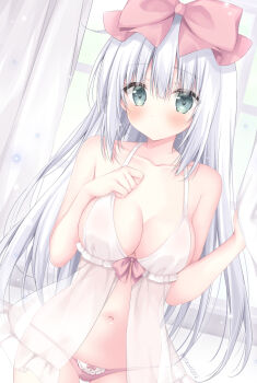 1girl babydoll bare_shoulders blush bow bow_panties breasts character_request cleavage closed_mouth collarbone commentary_request copyright_request grey_eyes grey_hair hair_between_eyes hair_bow hand_on_own_chest hands_up highres korie_riko large_breasts lingerie long_hair looking_at_viewer navel panties pink_bow pink_panties see-through_clothes solo stomach underwear very_long_hair white_babydoll