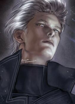1boy black_shirt closed_mouth collared_jacket devil_may_cry_(series) devil_may_cry_5 grey_hair hair_slicked_back hashtag-only_commentary highres hong_990 jacket looking_at_viewer looking_down male_focus open_clothes open_jacket popped_collar portrait shirt slit_pupils solo vergil_(devil_may_cry)