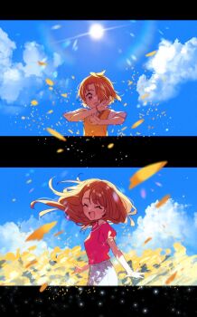 1boy 1girl blue_sky blurry blurry_foreground bracelet closed_eyes cloud cloudy_sky commentary day earrings field flower flower_field frown hair_over_one_eye highres hijiri_ageha hirogaru_sky!_precure jewelry kodamari light_particles long_hair off-shoulder_shirt off_shoulder open_mouth orange_hair outdoors petals pink_shirt precure red_eyes shirt short_hair short_sleeves shorts sky smile standing stud_earrings sun sweatdrop sweater_vest white_shirt white_shorts wind yellow_sweater_vest yuunagi_tsubasa
