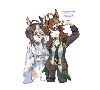 2girls ahoge animal_ears babie black_gloves black_necktie black_pants blue_eyes bow breasts brown_hair brown_jacket card closed_mouth collared_shirt dream_journey_(snow-white_dreamland)_(umamusume) dream_journey_(umamusume) dress ear_covers facial_mark glasses gloves hair_between_eyes hair_bun highres holding horse_ears horse_girl jacket jewelry long_hair long_sleeves looking_at_viewer multicolored_hair multiple_girls nakayama_festa_(festival_game)_(umamusume) nakayama_festa_(umamusume) necklace necktie official_alternate_costume open_clothes open_jacket open_mouth pants playing_card purple_eyes shirt simple_background single_ear_cover single_glove smile star_(symbol) star_facial_mark umamusume white_background white_bow white_dress white_hair