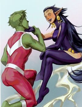 1boy 1girl absurdres alternate_costume bare_shoulders beast_boy_(dc) bodysuit chinese_commentary colored_skin couple crossed_legs dc_comics demon_tail earrings evil_smile extra_eyes formal_clothes four_eyes from_side gloves green_hair green_skin hair_slicked_back hand_on_another's_chin hetero highres jewelry long_hair new_teen_titans no_pupils official_alternate_costume on_one_knee parted_lips pointy_ears purple_gloves purple_hair purple_lips raven_(dc) sitting sleeveless smile smirk spiked_hair suit tail tan teen_titans xingchen96926