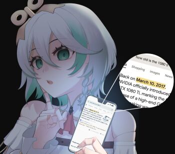 1girl black_background braid cecilia_immergreen cecilia_immergreen_(1st_costume) cellphone colored_inner_hair doll_joints empty_eyes english_text finger_to_cheek google graphics_card green_eyes green_hair grey_hair hazel_(hzlform) highres holding holding_phone hololive hololive_english joints multicolored_hair phone side_braid smartphone virtual_youtuber winding_key