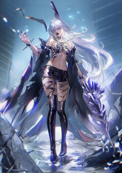 1girl absurdres bare_shoulders black_boots black_leggings black_lips black_nails black_shorts blank_eyes body_jewelry boots bracelet breasts building chinese_commentary commentary detached_sleeves full_body hair_between_eyes highres holding holding_polearm holding_weapon jewelry lance leggings linea_alba long_hair medium_breasts multiple_rings nail_polish navel no_pupils nox_(path_to_nowhere) official_alternate_costume path_to_nowhere polearm qingci rebar ribs ring rubble shiny_clothes shiny_footwear shiny_legwear short_shorts shorts skyscraper solo spiked_bracelet spikes stomach straight-on thigh_boots torn_clothes torn_leggings torn_sleeves weapon white_hair