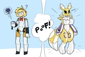 1girl 2020 ? absurdres aigis_(persona) artist_request atlus before_and_after blonde_hair blue_eyes breast_expansion breasts digimon digimon_(creature) furrification furry highres lettuce_(artist) machine megami_tensei nude persona persona_3 pussy renamon robot rubber simple_background smile standing surprised transformation