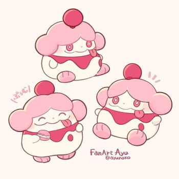 Rule 34 | :p, ^ ^, artist name, ayu (mog), bright pupils, closed eyes, closed mouth, commentary request, food, gen 6 pokemon, holding, holding food, macaron, multiple views, nintendo, no humans, notice lines, pink eyes, pokemon, pokemon (creature), pokemon focus, simple background, slurpuff, tongue, tongue out, twitter username, white background, white pupils