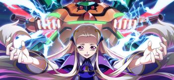 1boy blonde_hair cape code_geass code_geass:_lost_stories commentary_request electricity f4samurai game_cg highres long_hair male_focus mecha official_art open_mouth purple_eyes robot sidelocks siegfried_(code_geass) smile solo teeth v.v.