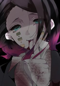 Rule 34 | 1boy, asymmetrical bangs, black background, black jacket, blood, blood from mouth, blood on clothes, blood on hands, blue eyes, buttons, colored tips, commentary request, demon boy, enmu (kimetsu no yaiba), facial mark, finger to mouth, floating hair, hand up, highres, hinshi (mumunu enm), index finger raised, jacket, kimetsu no yaiba, long sleeves, looking at viewer, male focus, medium hair, multicolored hair, open collar, parted lips, portrait, shaded face, shushing, simple background, smile, solo, straight-on, suit jacket, symbol-shaped pupils, tears facial mark, trap, undershirt, variant set