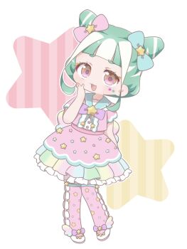 1girl :3 :d arm_behind_back blue_bow blue_sailor_collar blunt_bangs bow chii_(chi_pppuri) chimumu cosplay double_bun full_body green_hair hair_bun hair_ornament hand_up highres idol_time_pripara looking_at_viewer multicolored_hair open_mouth pink_bow pink_shirt pink_shoes pink_skirt pink_thighhighs pretty_series pripara purple_bow red_eyes sailor_collar shirt shoes short_hair short_sleeves sidelocks skirt smile solo standing star_(symbol) star_hair_ornament star_print streaked_hair thighhighs waccha_primagi! white_hair yume_kawaii yumekawa_yui yumekawa_yui_(cosplay)